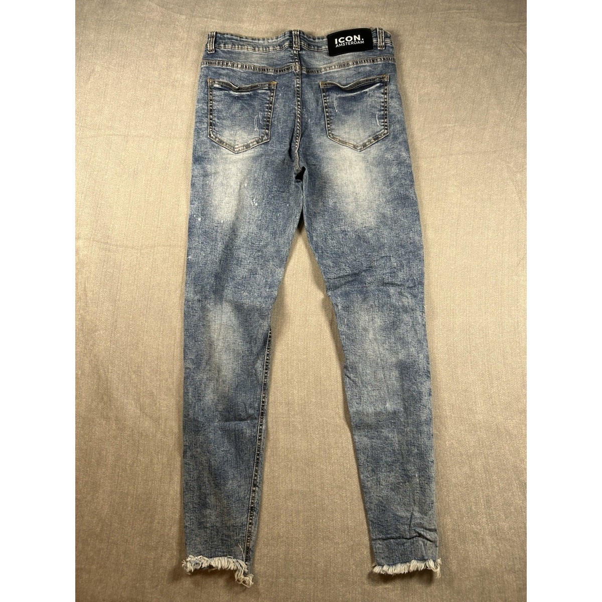 Icon Amsterdam Mens Skinny Distressed Jeans Light Wash Blue Ripped Frayed Sz 32