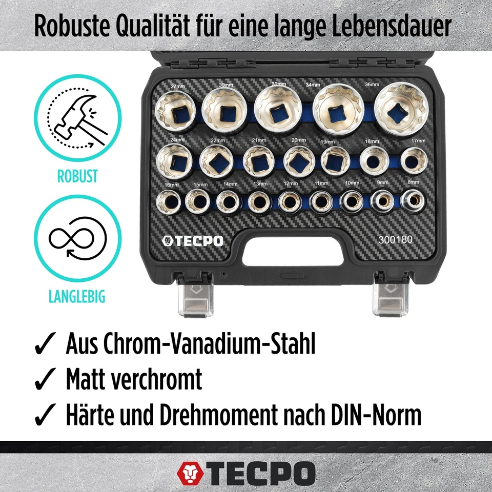 TECPO STECKSCHLÜSSEL SATZ 1/2 ZOLL SET 21-TEILIG 8-36 mm VIELZAHN NÜSSE KFZ NUSS - Bild 2 von 4
