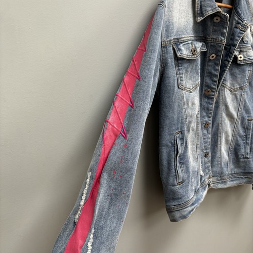 VIE + RICHIE PARIS Blue Jean Jacket Pink Paint Stripe L - Picture 3 of 9