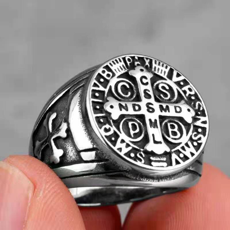 Men’s Catholic Saint Benedict Cross Ring – Stainless Steel, Exorcism Medal Design, Band Style