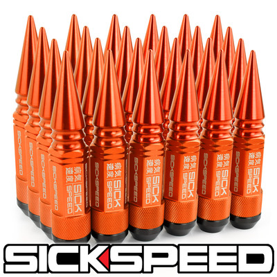 SICKSPEED 24 PC ORANGE SPIKED ALUMINUM EXTENDED 108MM 3 PC LUG NUTS 14X2