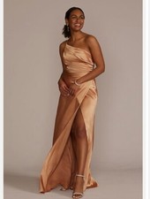 NEW: Long One-Shoulder David's Bridal Dress - Size 0 - Champagne Color - Slit