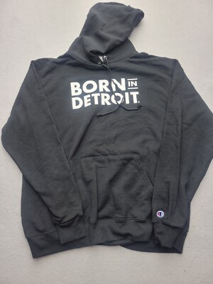 Champion Men's Pullover Large Black Hoodie Born In Detoit Cotton Blend