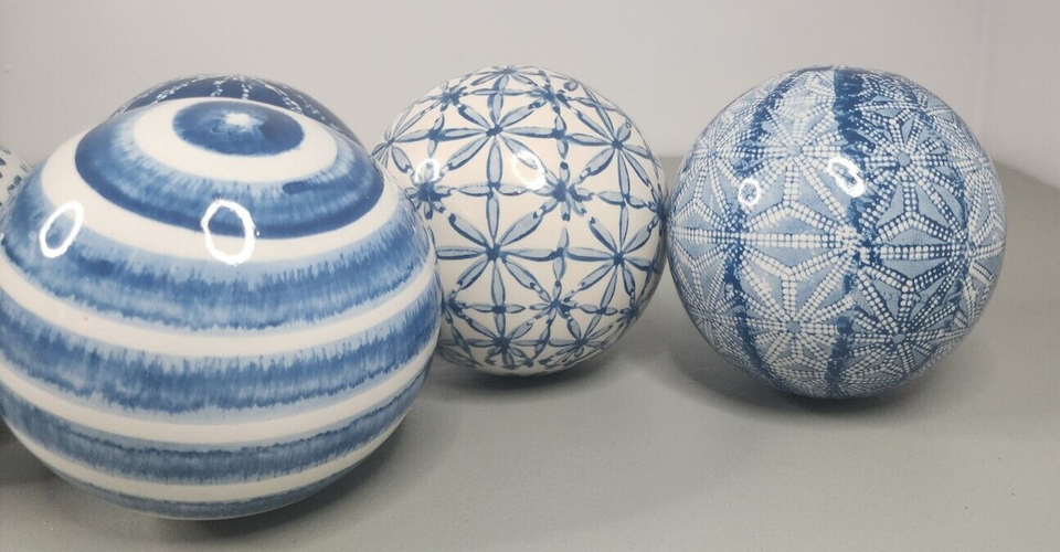 Blue & White Ceramic Carpet Balls Decorative orbs Decor Set Of 5 Large