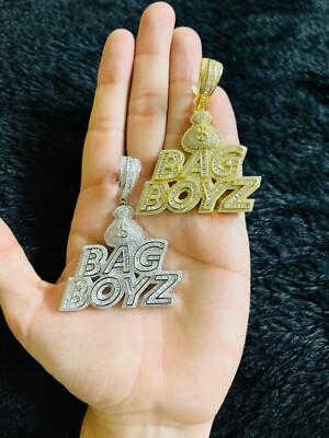 925 Sterling Silver Money Bag Bag Boyz Simulated Diamond Pendant w/ Chain