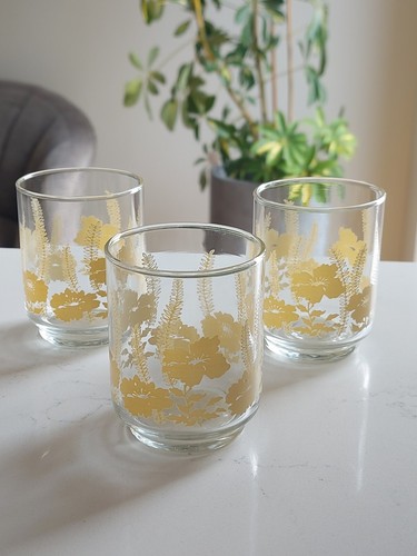 3x Flower & Fern Glasses Neutral Vintage 1970s Small Low Ball Retro