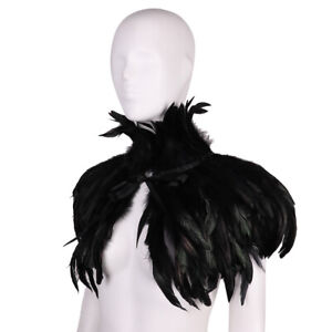 Gothic Feather Cape Shawl Stole Poncho with Choker Collar for Halloween Party 