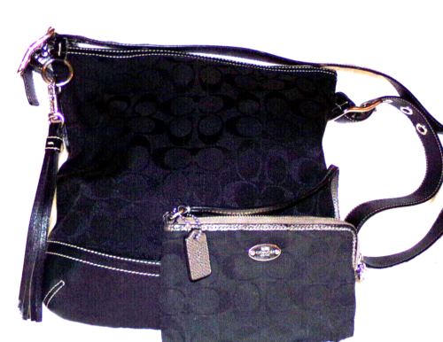 vtg y2k 9362 COACH black C leather slim Silver shoulder bag purse file wristlet - Picture 2 of 12