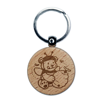 Hungry Honey Bear with Bee Hive Engraved Wood Round Keychain Tag Charm