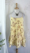 Yellow Flower Mini Sun Dress Tunic Top Ruffle Boho Hippie Cottage Summer Airy L