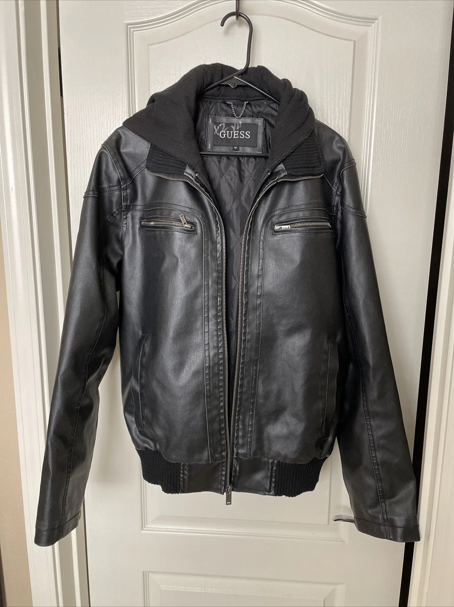 Guess men's faux leather hooded moto jacket sale