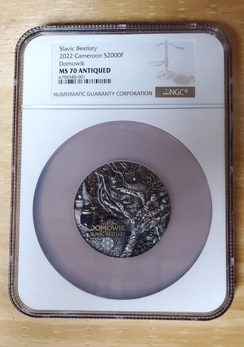 2022 3oz Silver Cameroon Slavic Bestiary Domowik NGC MS70 Antique Finish Coin