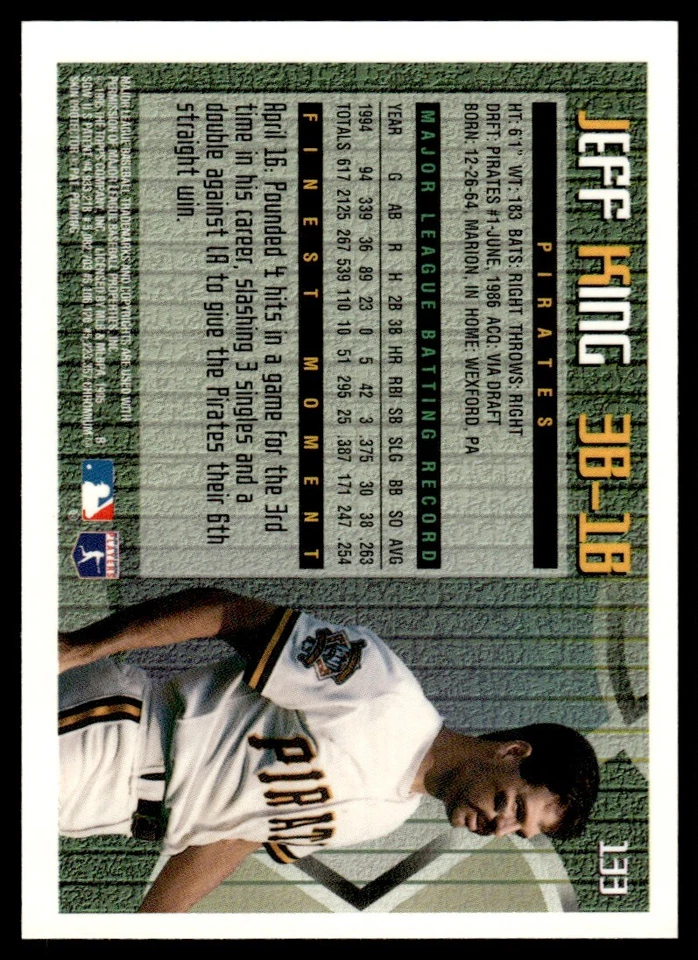 1995 Topps Finest w/ Coating Jeff King Pittsburgh Pirates #133 - Image 2 of 2
