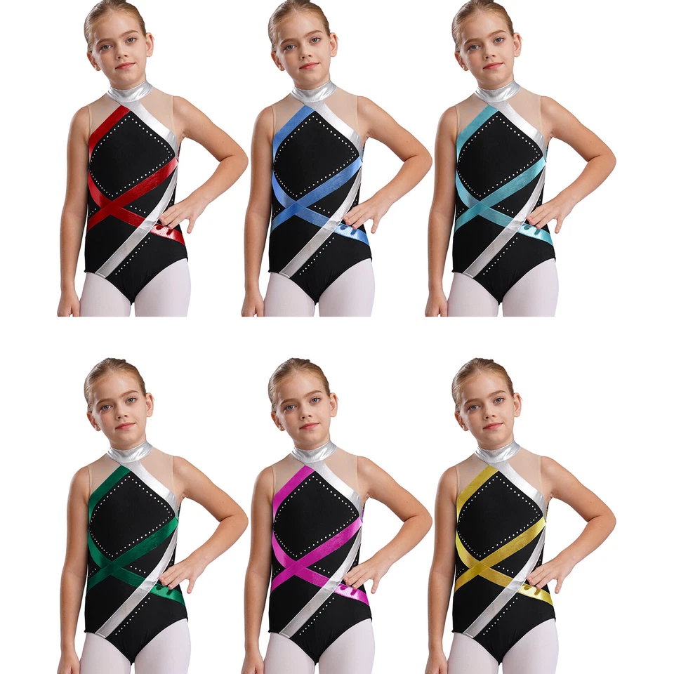 Girls Shiny Metallic Striped Gymnastics Leotard Unitard Ballet Dance Dancewear - Image 3 of 3