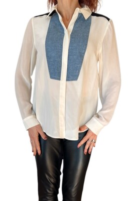 SANDRO PARIS BEIGE SILK DENIM BUTTON DOWN BLOUSE MIXED MEDIA COLORBLOCK 2 MEDIUM