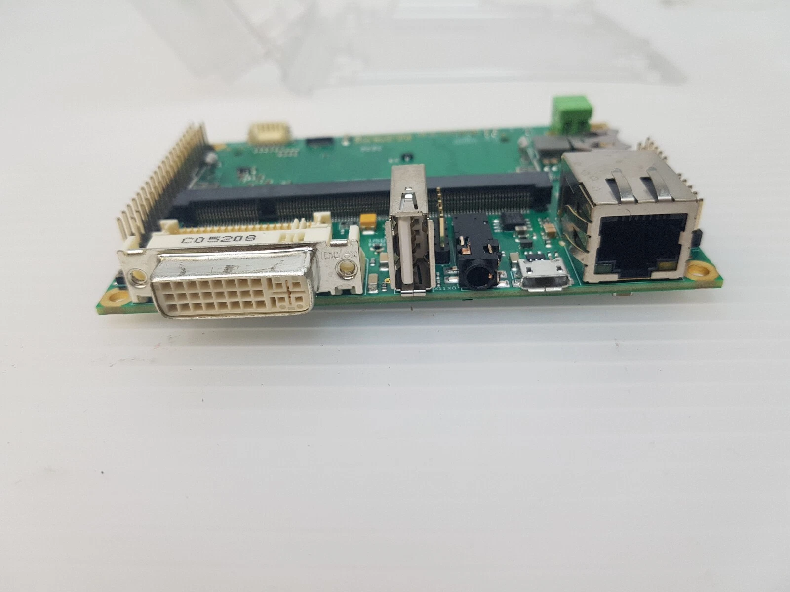 Connector edge of the Toradex Iris board: DVI-I, USB host, audio jack, micro USB and RJ45