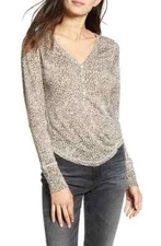 RAILS Top Womens Large Tan Pullover Leopard Henley Linen Blend JORDOUN JUNGLE