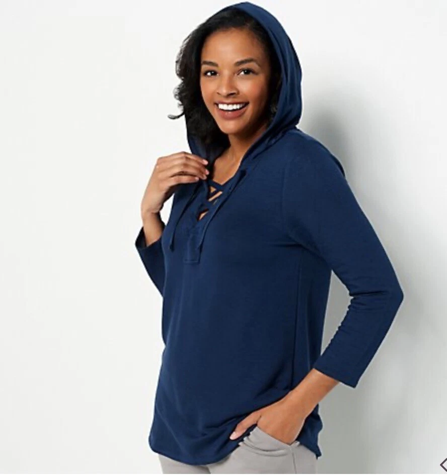 AnyBody Luxe Lounge Lace Up Hoodie Navy 2X A498736