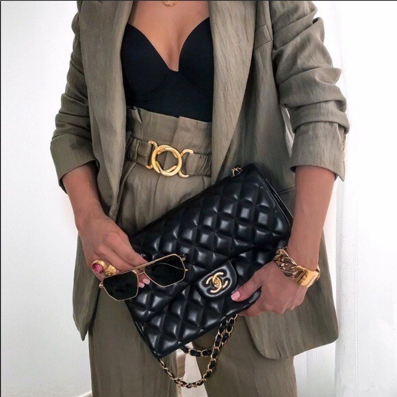 NWT Zara Bloggers Favorite Belted Gold Buckle Pleated Pants Gray Sz XS