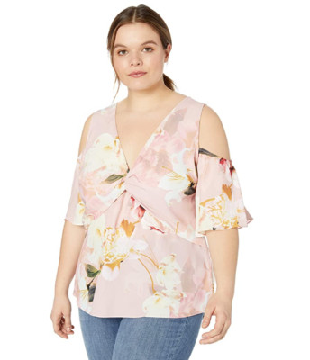 City Chic Women's Plus Size Top English Rose Floral Twist Front Cold Shoulder 14