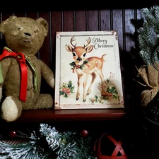 SWEET OLD SHABBY PRIMITIVE VICTORIAN VINTAGE STYLE MERRY CHRISTMAS REINDEER SIGN