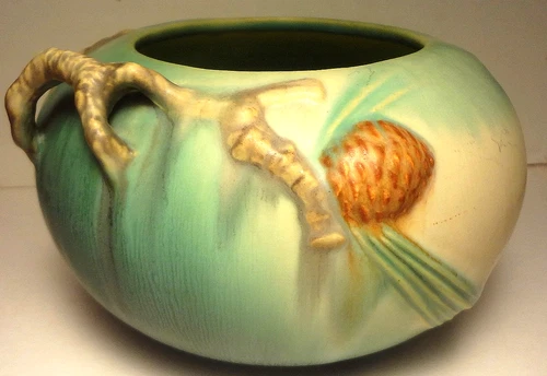 📌1936 ROSEVILLE PINE CONE green 278-4 HANDLED JARDINIERE-TOP CONDITION