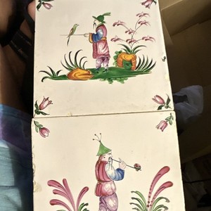2 Antiq Hand Painted Ceramic Square Tiles by Geo Martel Desvres : Made in France
