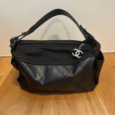 CHANEL Shoulder Bag Black Quilted Leather Nylon Coco Mark Charm