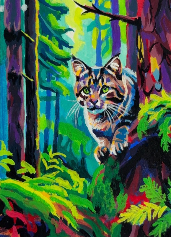 ACEO original painting, acrylic gouache, atmospheric tiger cat, woodland, forest