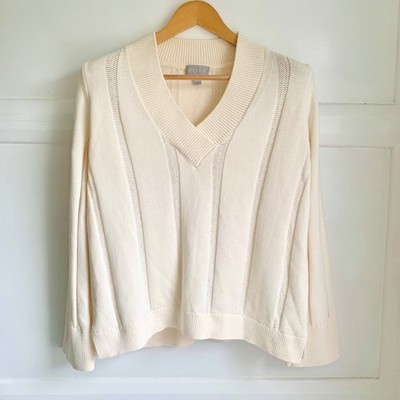 Pure Collection Damenpullover Wolle gerippt V-Ausschnitt UK 14 elfenbeinfarben Zopfmuster