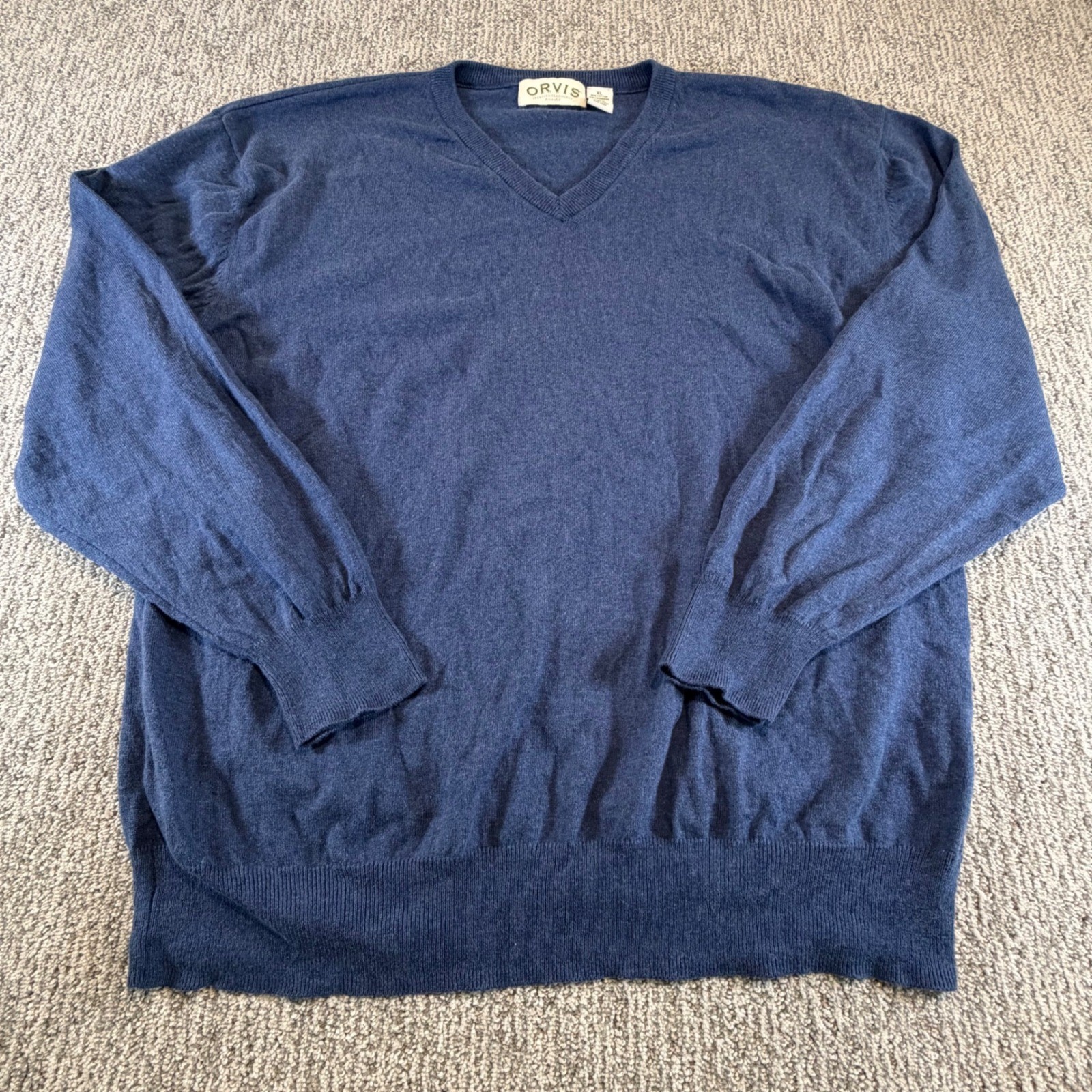 Orvis V-Neck Sweater Mens XL Blue Cotton Cashmere Blend Long Sleeve Knit