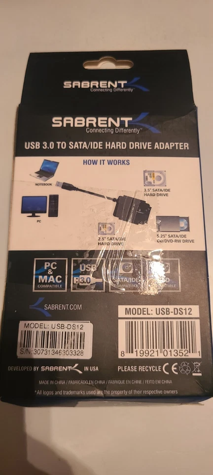Sabrent USB-DS12 USB 3.0 HARD DRIVE READER READS SSD/SATA/IDE 2.5/3.5/5.25 - Image 3 of 4
