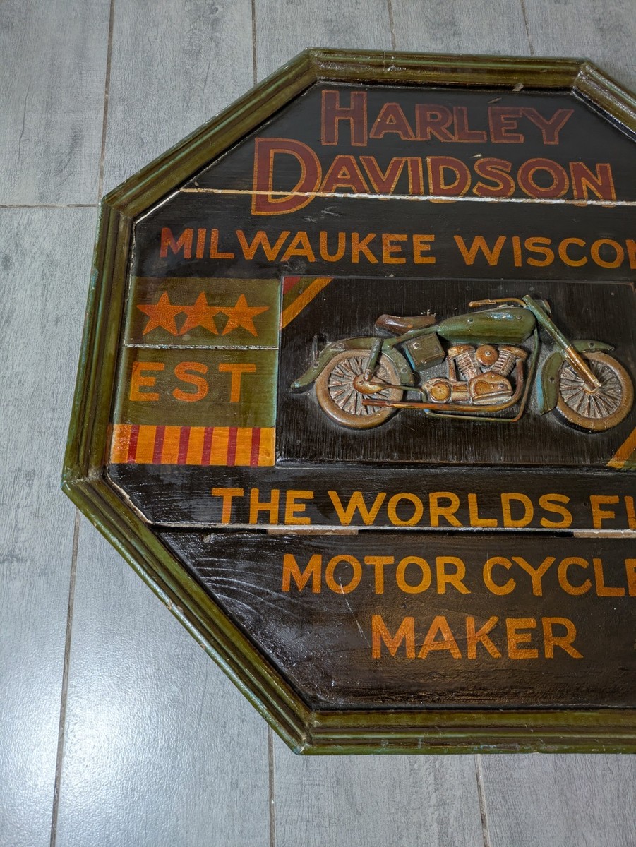 Vintage Harley Davidson Wood Wall Art Plaque Sign 3D Motorcycle