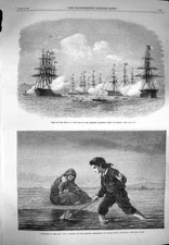 Original Old Antique Print 1869 King Portugal Ships Lisbon Children Playing Sea