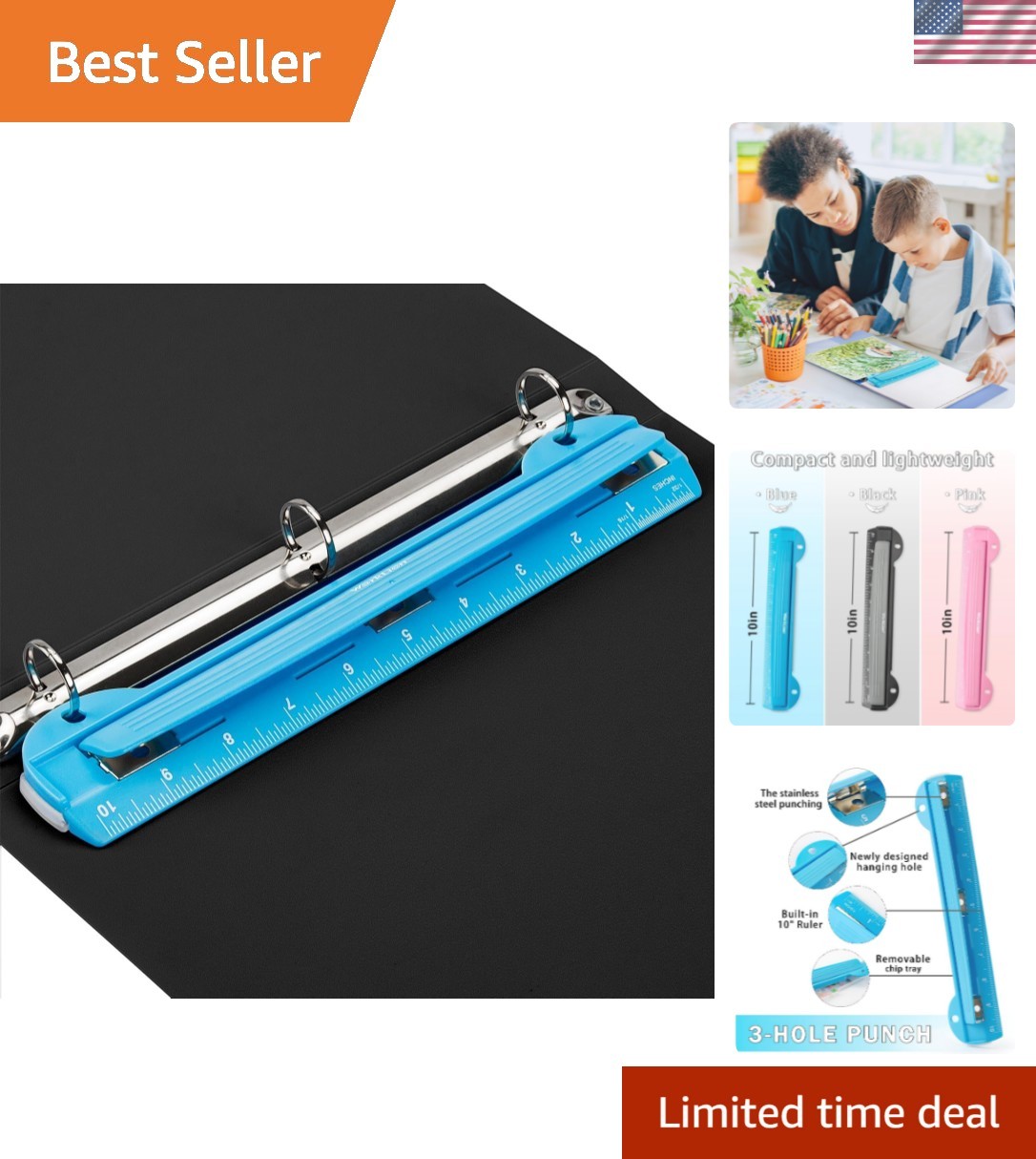 Hole Puncher 3 Ring Blue Portable Metal Puncher for Binder 5 Sheet Capacity