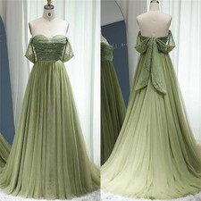 Green Off-the-Shoulder Tulle Evening Dress Sparkling Beads Back Bow Party Dress