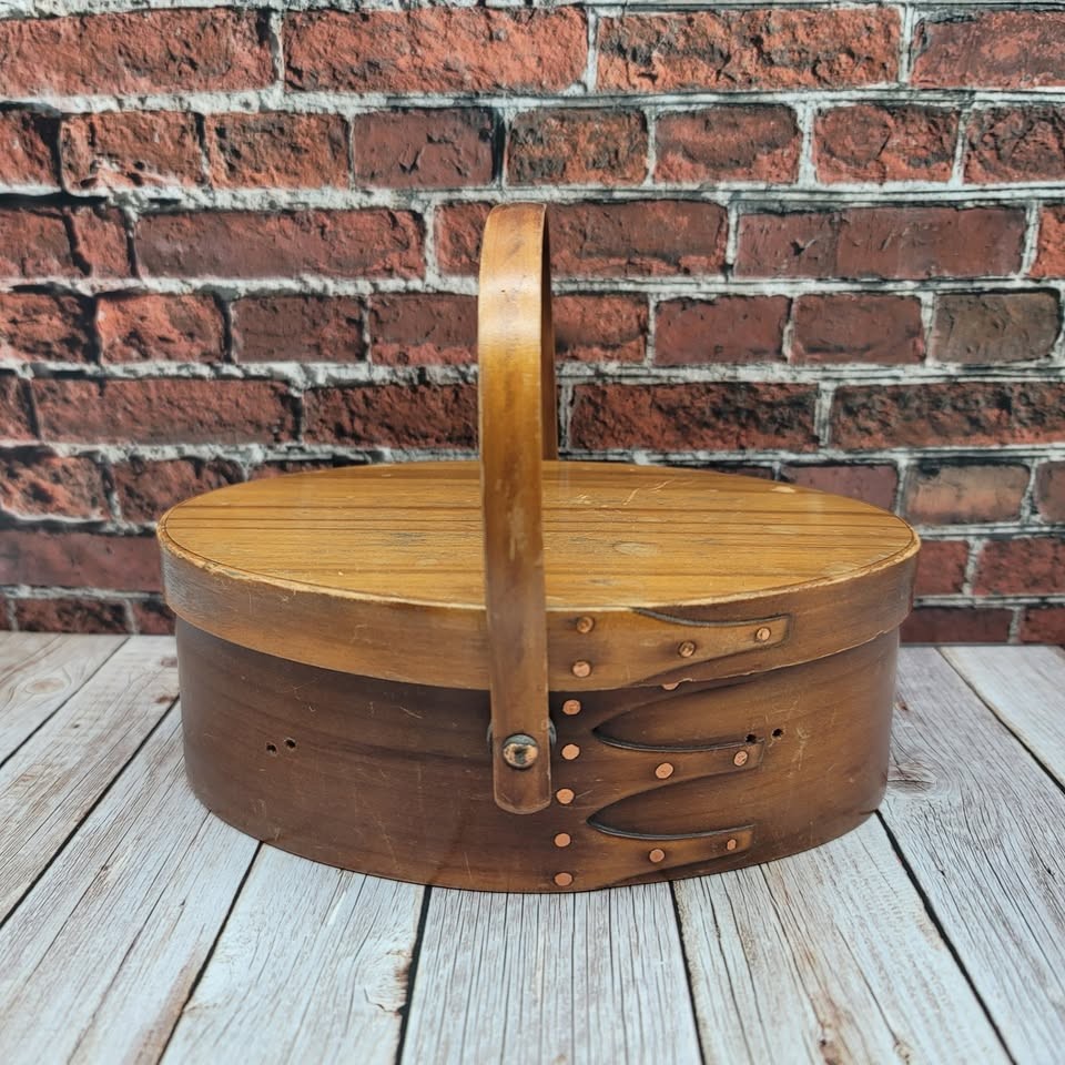 Antique Moire Lined Shaker Handled Sewing Basket Box