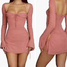 NEW House of CB Pink Chiffon Cutout Halter Mini Dress Size Small