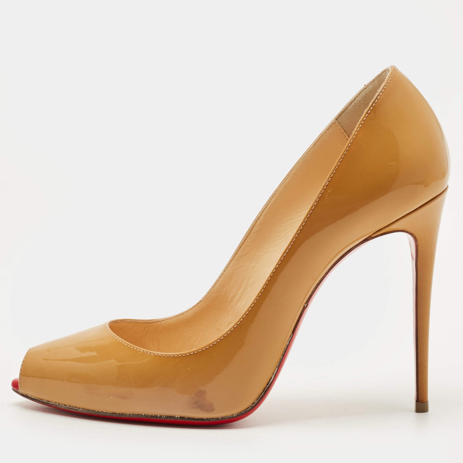 Christian Louboutin Beige Patent Leather Very Prive Peep Toe Pumps Size 37