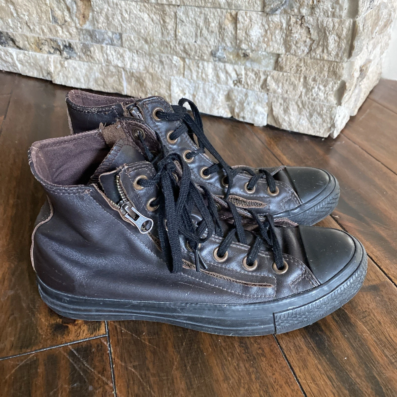 Sneakers alte Converse in pelle marrone con doppia zip misura 7 5 donna