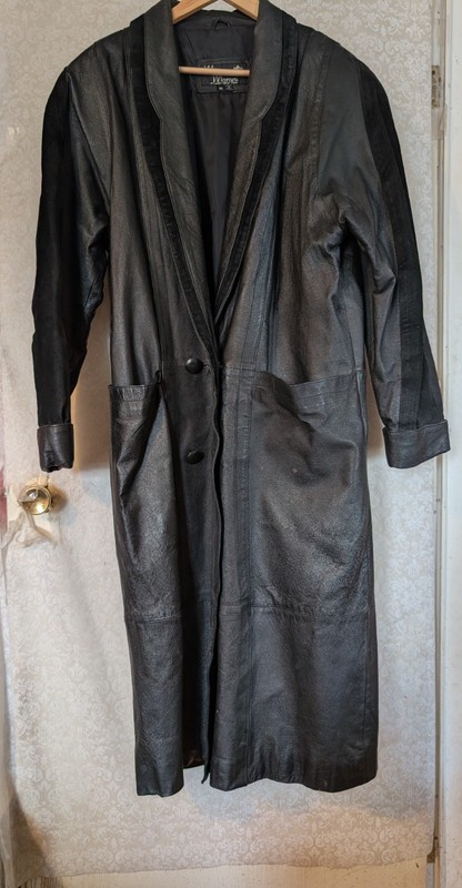  Marco Morani Leather Jacket Black Trench Long Coat Button Front Medium Vintage 