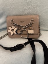 GUESS Beige Logo Crossbody Bag Magnetic Flap Silver Hardware Chain Charm Pockets