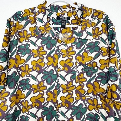 RSQ Mens Extra Extra Large Button Up Shirt Floral Print Long Sleeve Rayon White
