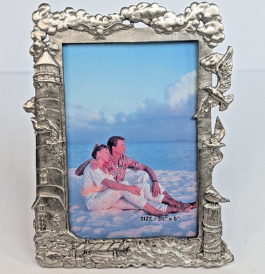 Vintage Silver Tone Lighthouse Seagull Beach Scene Pewter Picture Frame 3.5x5''