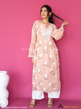 Orange Mulmul Cotton Chikankari A-Line Kurti Lucknow Chikankari Handmade Kurti