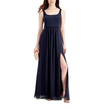 ADRIANNA PAPELL Navy Crepe Stretch Bodice Chiffon High Slit Maxi Dress Gown 10