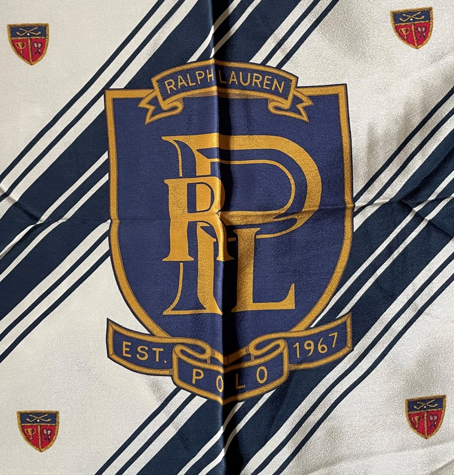 Ralph Lauren Azul Marino Blanco Cresta Seda Bufanda Tenis LaCrosse Oro Copa Medallón Foto 2 de 4
