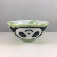 Japanese Children Rice Soup Bowl 4.25"D Porcelain Green Panda Face Made in Japan