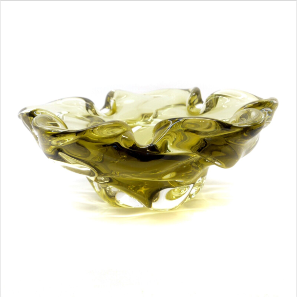 Vintage Olive Green Art Glass Folded Edge Candy Dish Large Bowl Thick