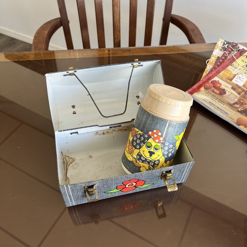 1970s DENIM DOG metal Lunchbox & thermos NEAR MINT RARE Aladdin Groovy Flowers - Picture 6 of 7
